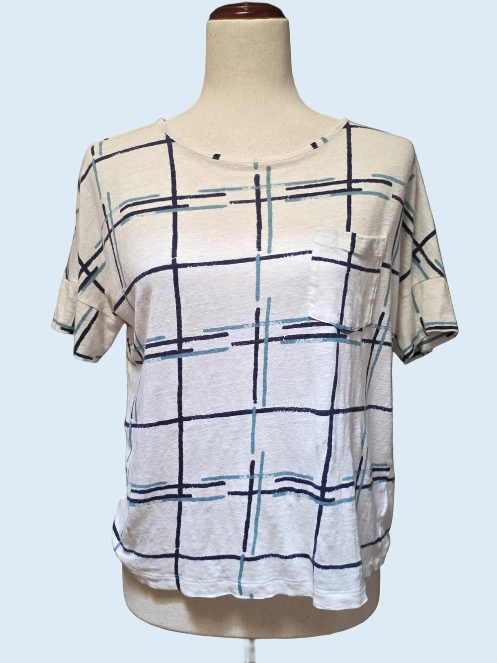 Tory Burch Linen Windowpane White & Blue Short Sleeve Top